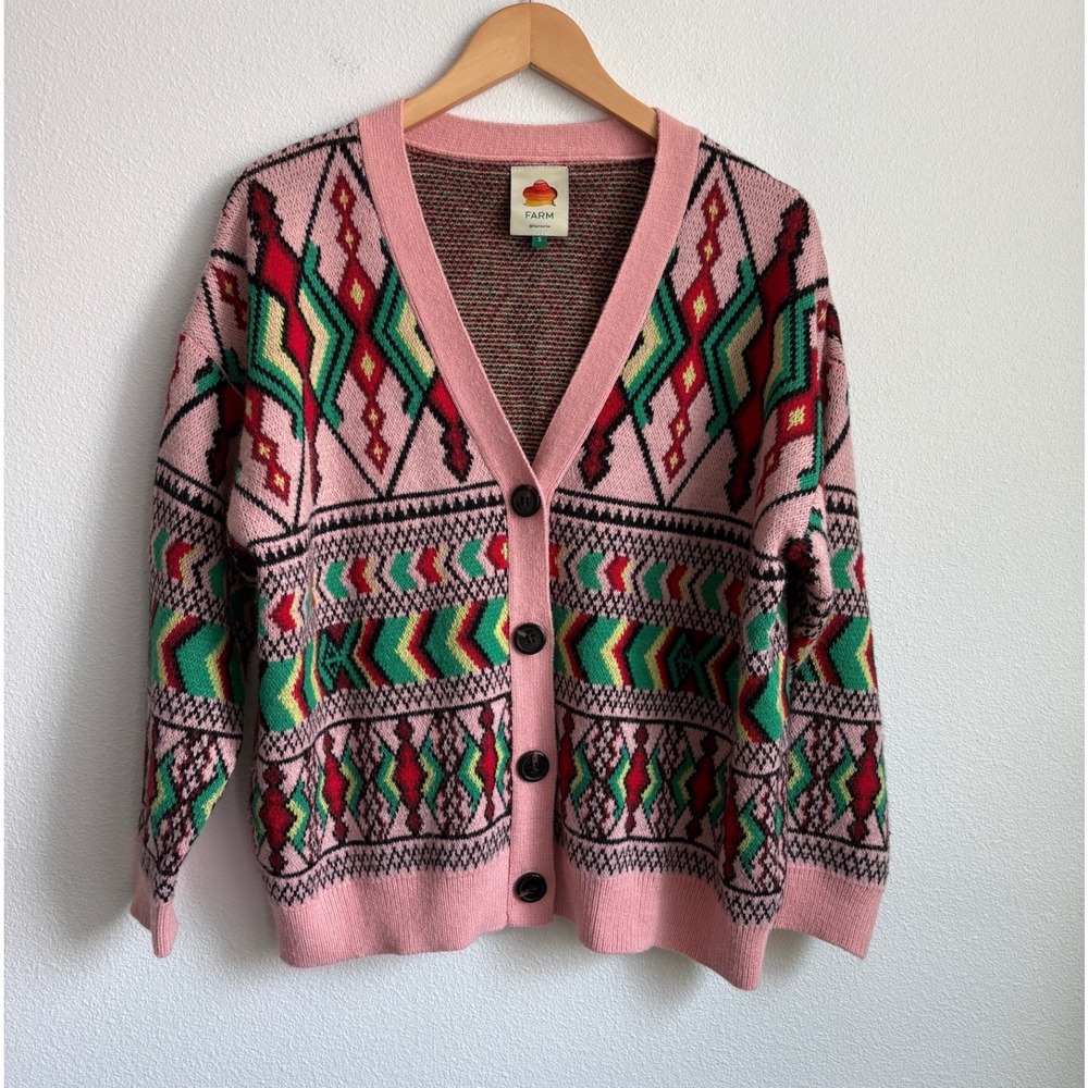 Farm Rio Amulet Pink Geometric Graphic Knit V-Neck Cardigan Sweater Small